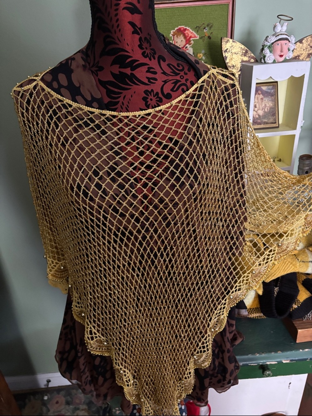 Handmade Gold Mesh Knit Shawl
